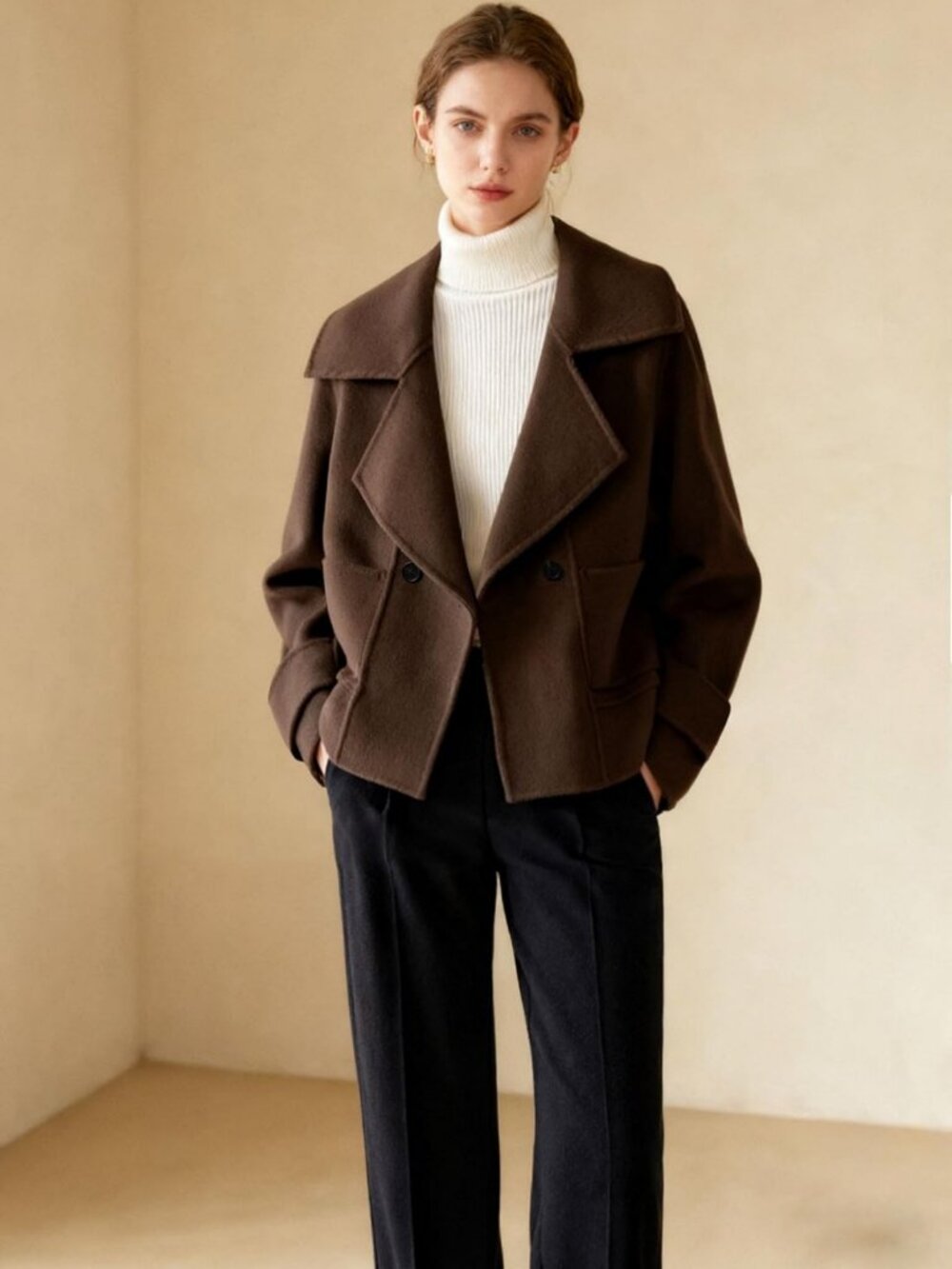Chic Women's Short Wool Pea Coat with Notched Lapel, Cropped Design & Pockets - Picture 2 of 7